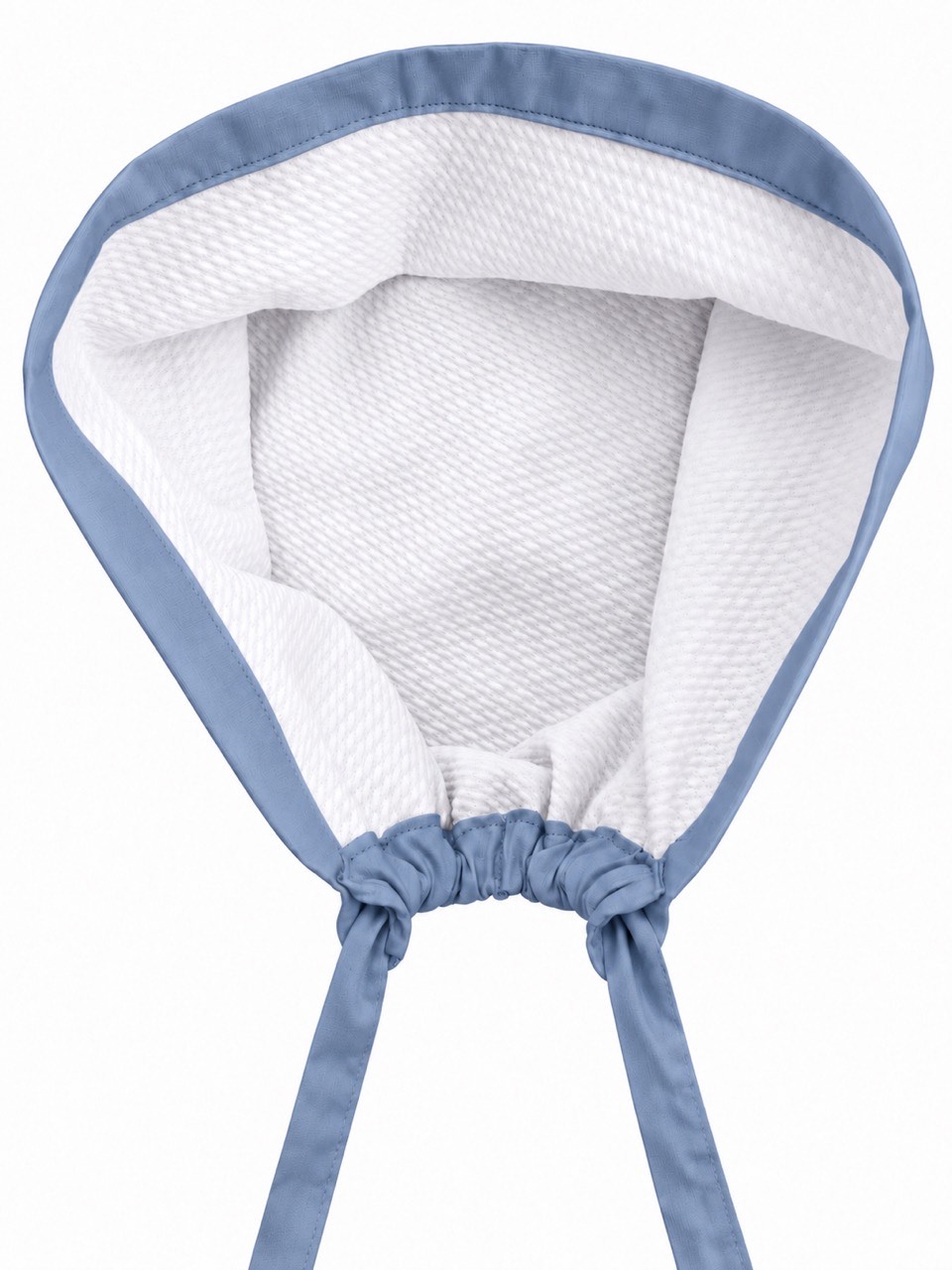 Inside the men’s blue scrub cap, showing its white textured lining and blue ties