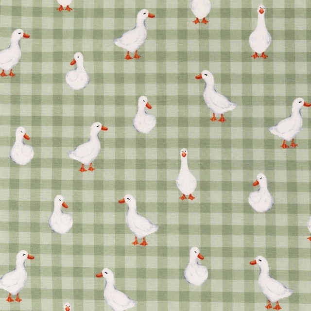 White geese with orange beaks and feet on sage green gingham.