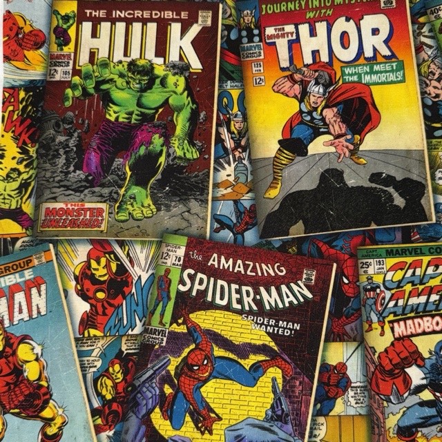 Colorful vintage-style Marvel comic covers featuring superheroes.