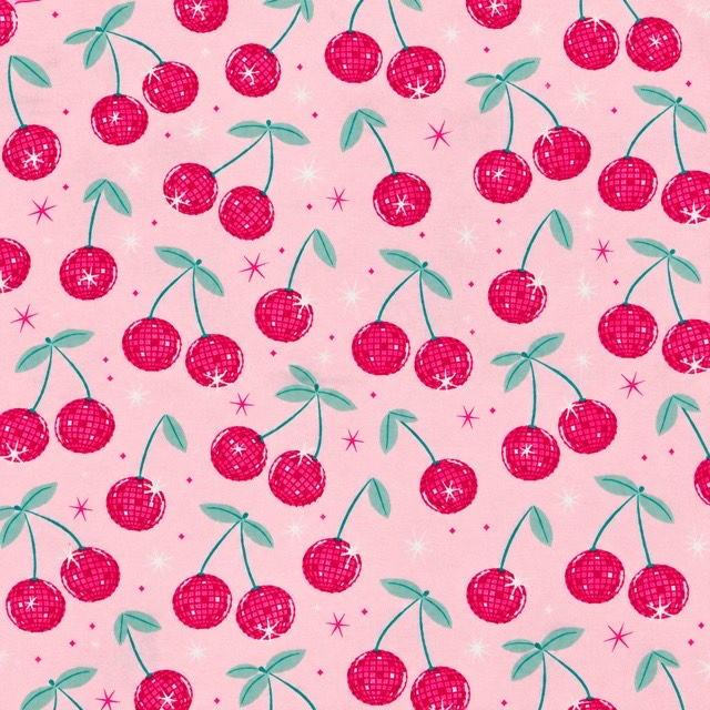 Sparkling pink disco-ball cherries with teal stems on pale pink.