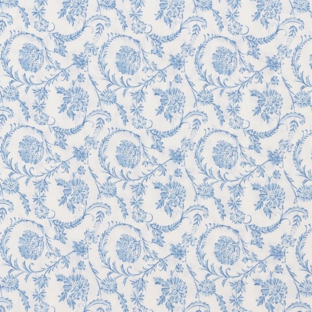 Fine powder-blue floral vines on white.