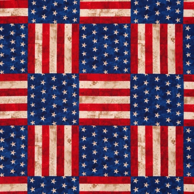 A patchwork of vintage-look red, white, and blue American flags.