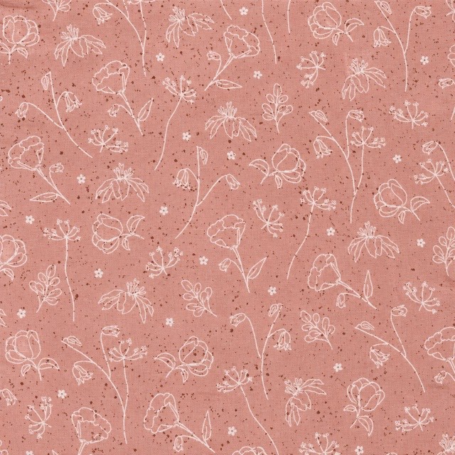 Fine ivory flower outlines and speckles on dusty terracotta pink.